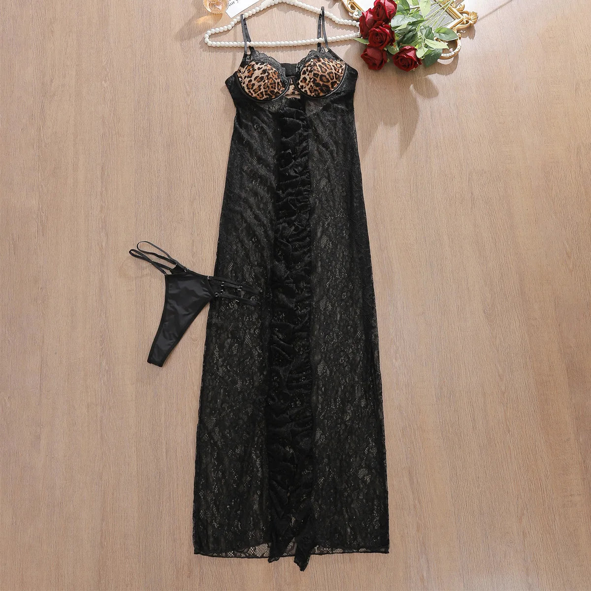 Toucheart Leopard Lace Leopard Print Long Dress Baby Dolls Night Clip Youth Split Night Dress