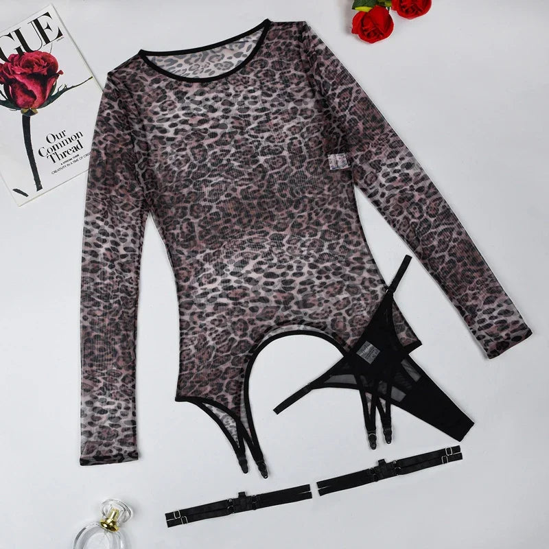 Toucheart Leopard Print Mesh Underwear See-Through Long Sleeves Top Exotic Solid Color Garters Lingerie Set
