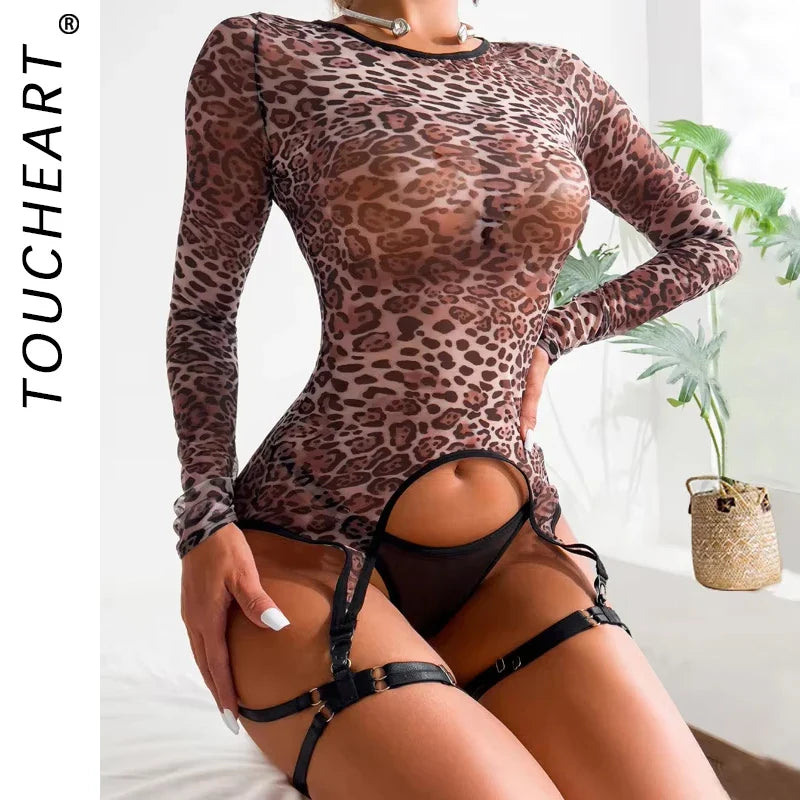 Toucheart Leopard Print Mesh Underwear See-Through Long Sleeves Top Exotic Solid Color Garters Lingerie Set