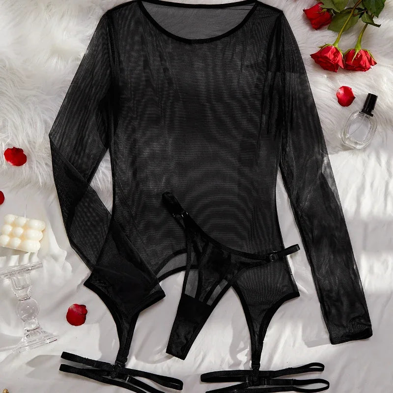Toucheart Leopard Print Mesh Underwear See-Through Long Sleeves Top Exotic Solid Color Garters Lingerie Set