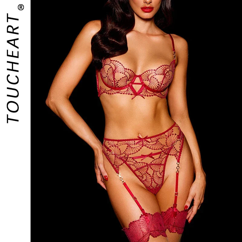 Toucheart Lingerie Ultra Female Underwear G-String Attractive Chest Transparent Lace Adult Fancy Bra Set
