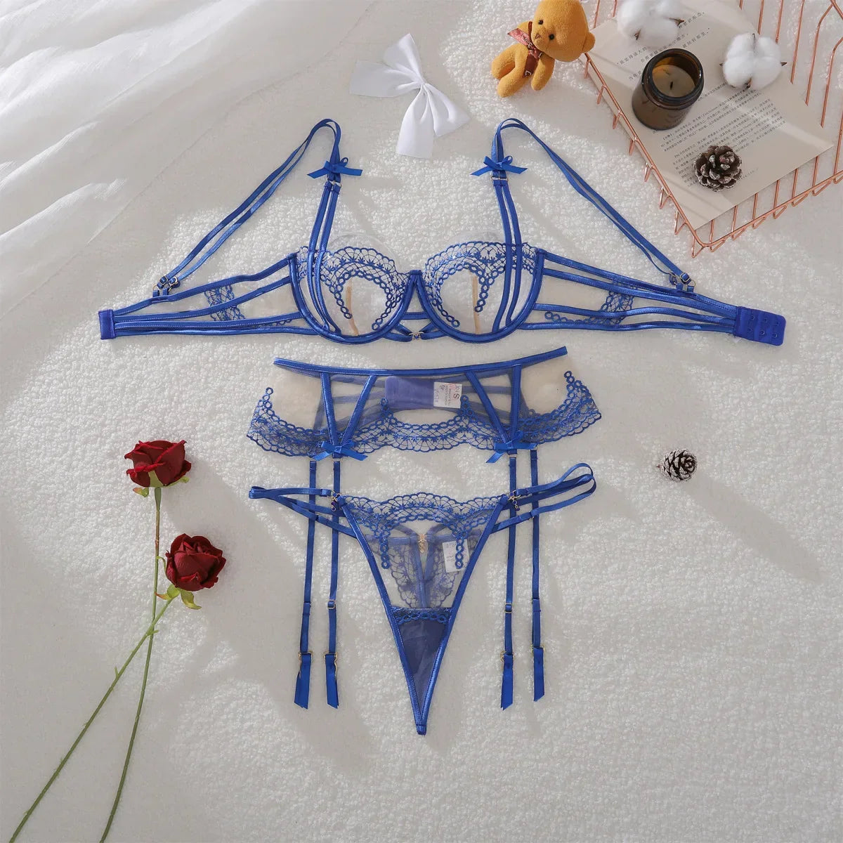 Toucheart Lingeries Bow Decoration Embroidery Mesh See-through Underwear Suit Female Lingerie