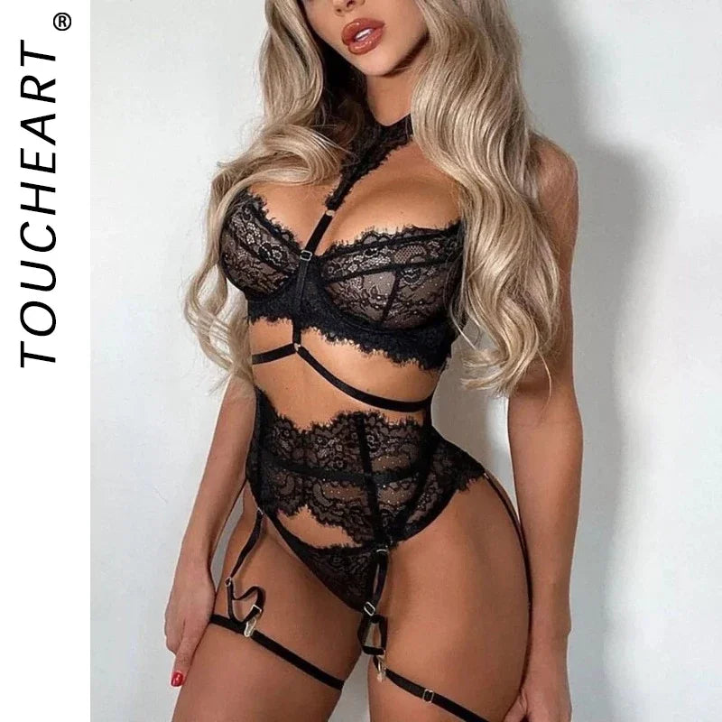 Toucheart Lingeries Sleepwear Lingerie Thin Transparent Lace Bra Set See Through Female Erotic Underwear