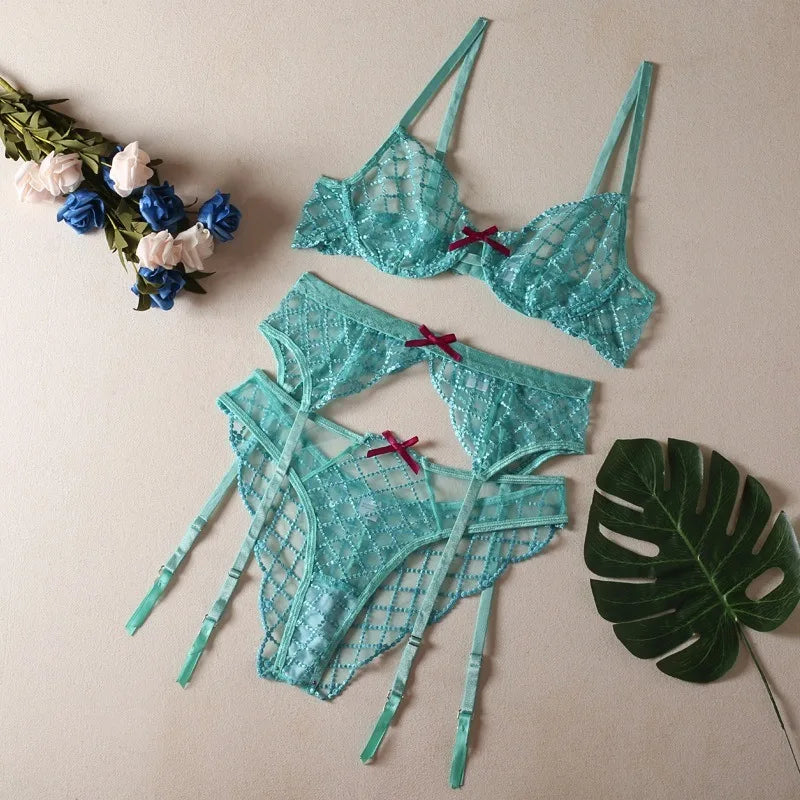 Toucheart Lingeries Embroidered Bra Steel Support Perspective Lingerie Set Underwear Set
