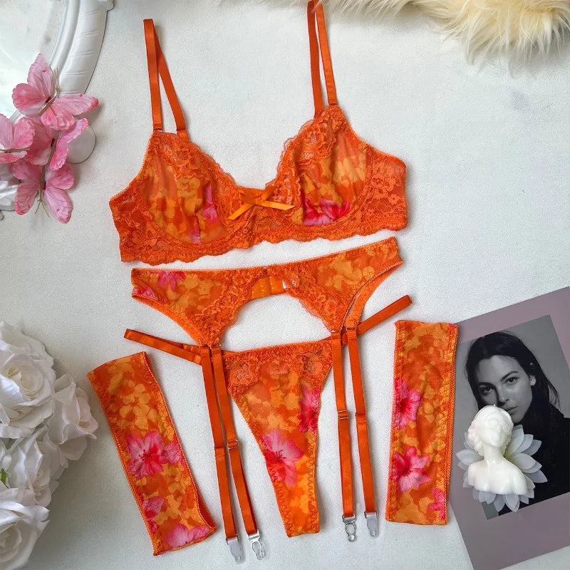 Toucheart Lmesh Floral Underwear Panty Garters Set3PCS High Waisted Exposed Navel Bralette Set