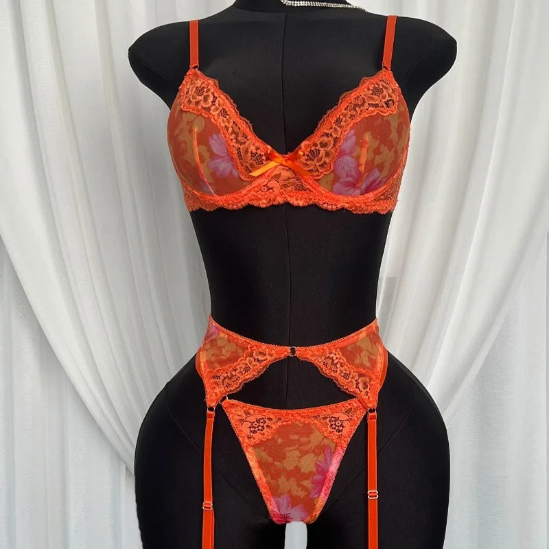 Toucheart Lmesh Floral Underwear Panty Garters Set3PCS High Waisted Exposed Navel Bralette Set