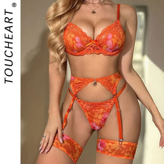 Toucheart Lmesh Floral Underwear Panty Garters Set3PCS High Waisted Exposed Navel Bralette Set