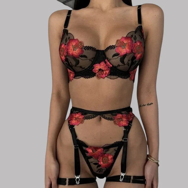 Toucheart Mesh Floral Lingerie Panty Garters 3PCS Slim See-through Erotic Private Adult Suit