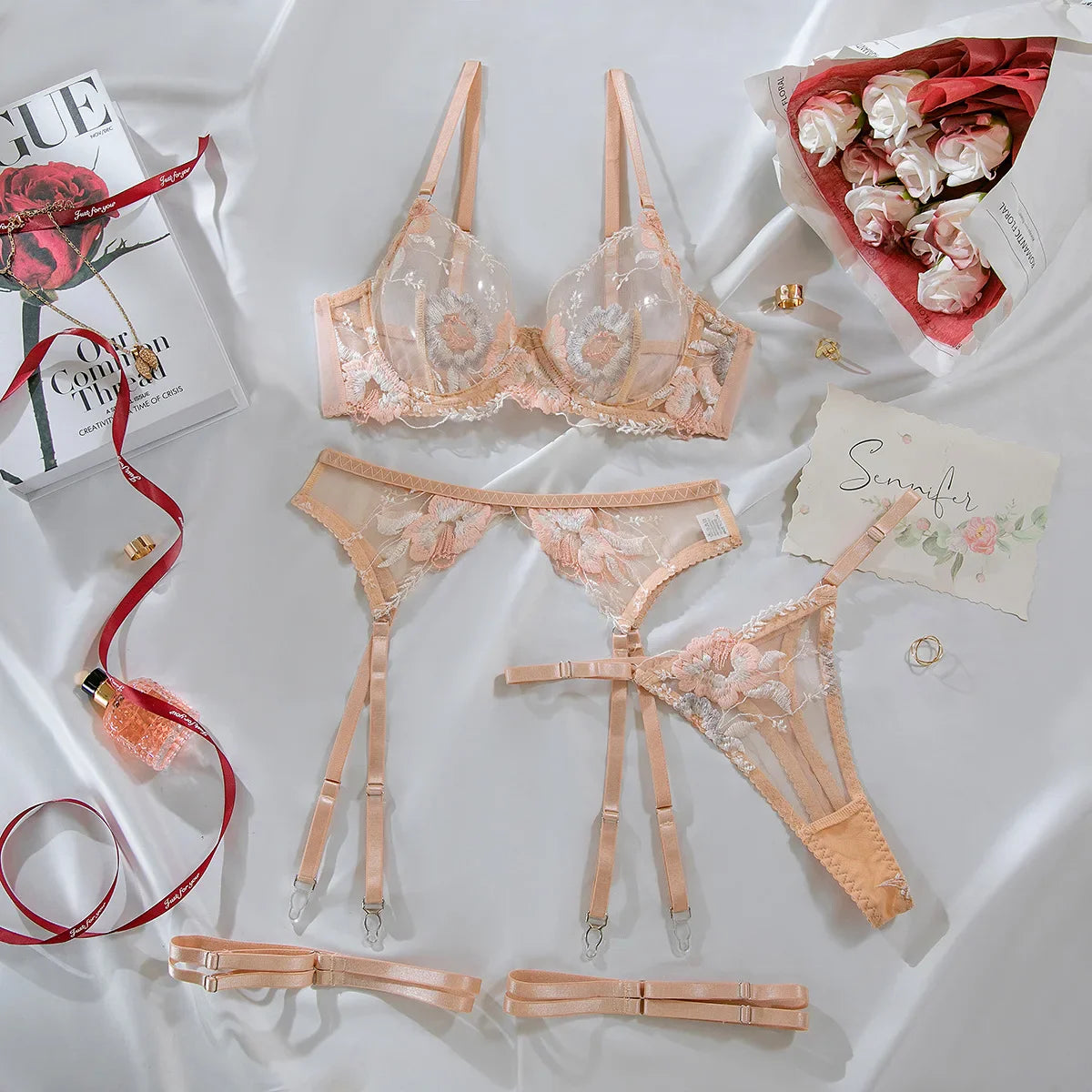 Toucheart Mesh Floral Lingerie Panty Garters 3PCS Slim See-through Erotic Private Adult Suit