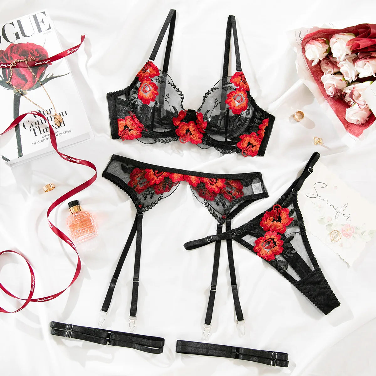 Toucheart Mesh Floral Lingerie Panty Garters 3PCS Slim See-through Erotic Private Adult Suit
