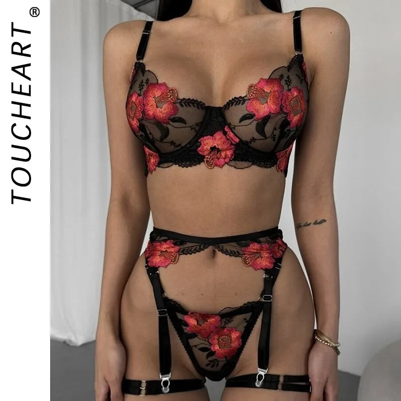 Toucheart Mesh Floral Lingerie Panty Garters 3PCS Slim See-through Erotic Private Adult Suit