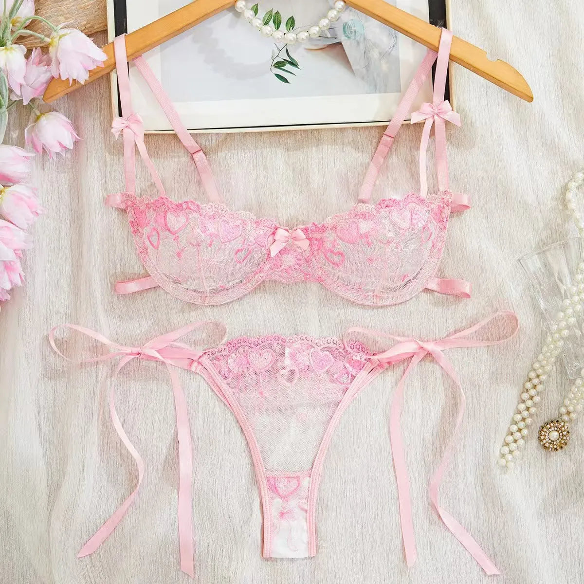 Toucheart Mesh Floral Lingerie Panty Steelring Lace Slim Plunge Embroidery Bow Knot Laceup Charming Private Set