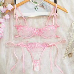 Toucheart Mesh Floral Lingerie Panty Steelring Lace Slim Plunge Embroidery Bow Knot Laceup Charming Private Set
