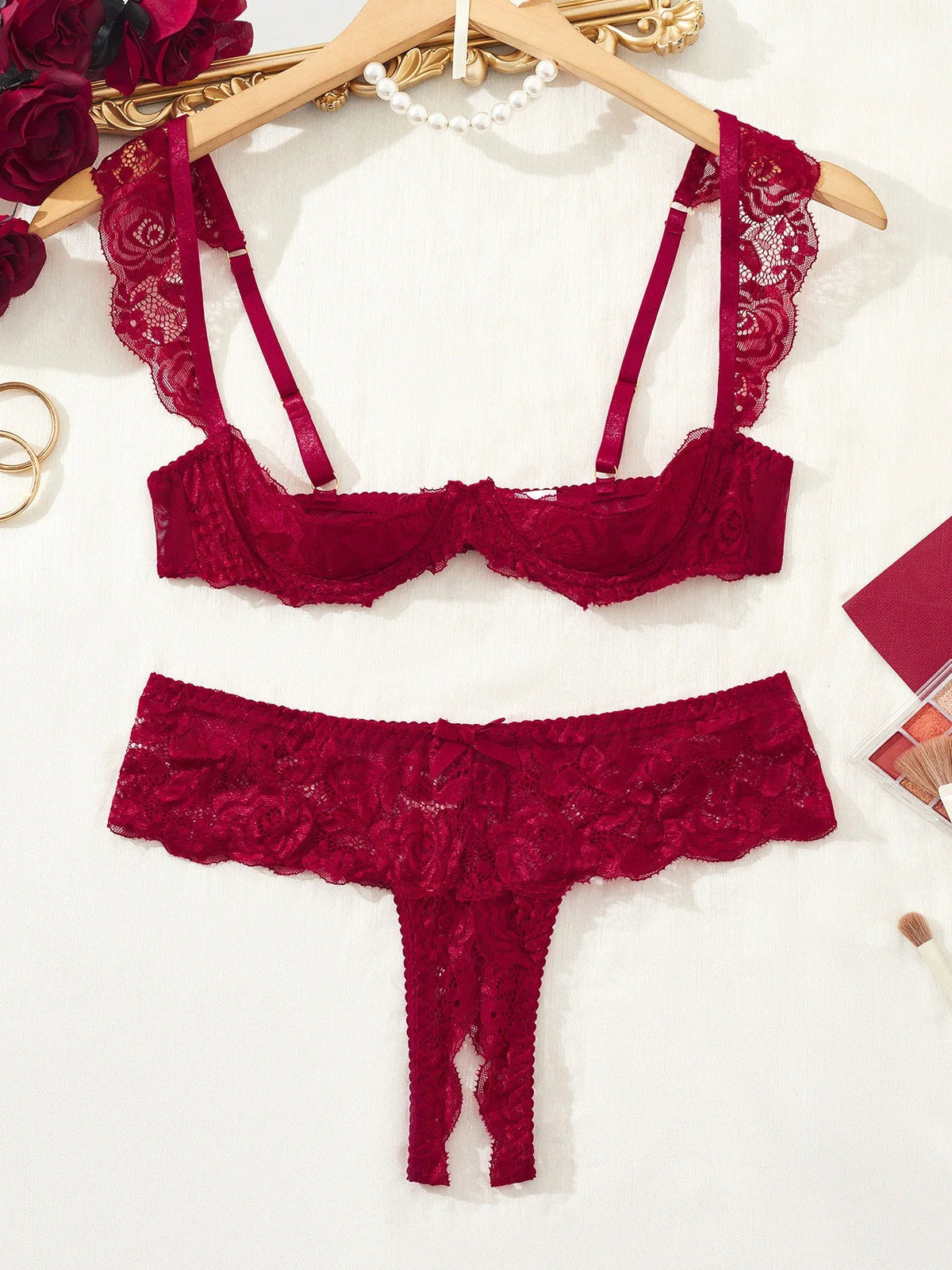 Toucheart Mesh Floral Lingerie Panty Steelring Lace Slim Plunge Embroidery Bow Knot Laceup Charming Private Set