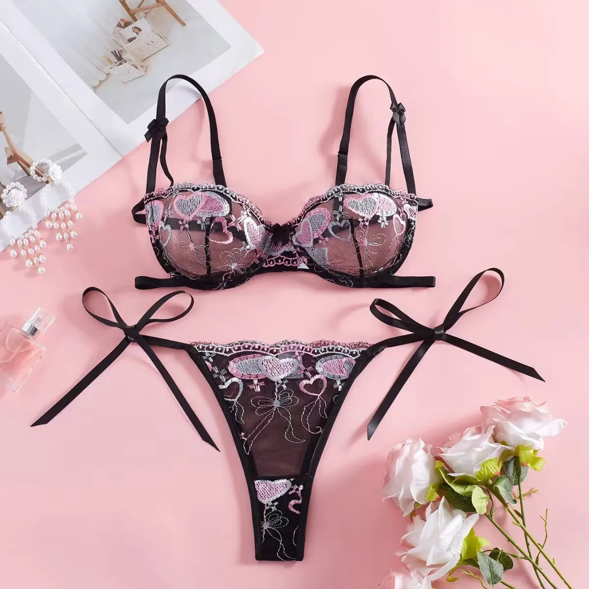 Toucheart Mesh Floral Lingerie Panty Steelring Lace Slim Plunge Embroidery Bow Knot Laceup Charming Private Set