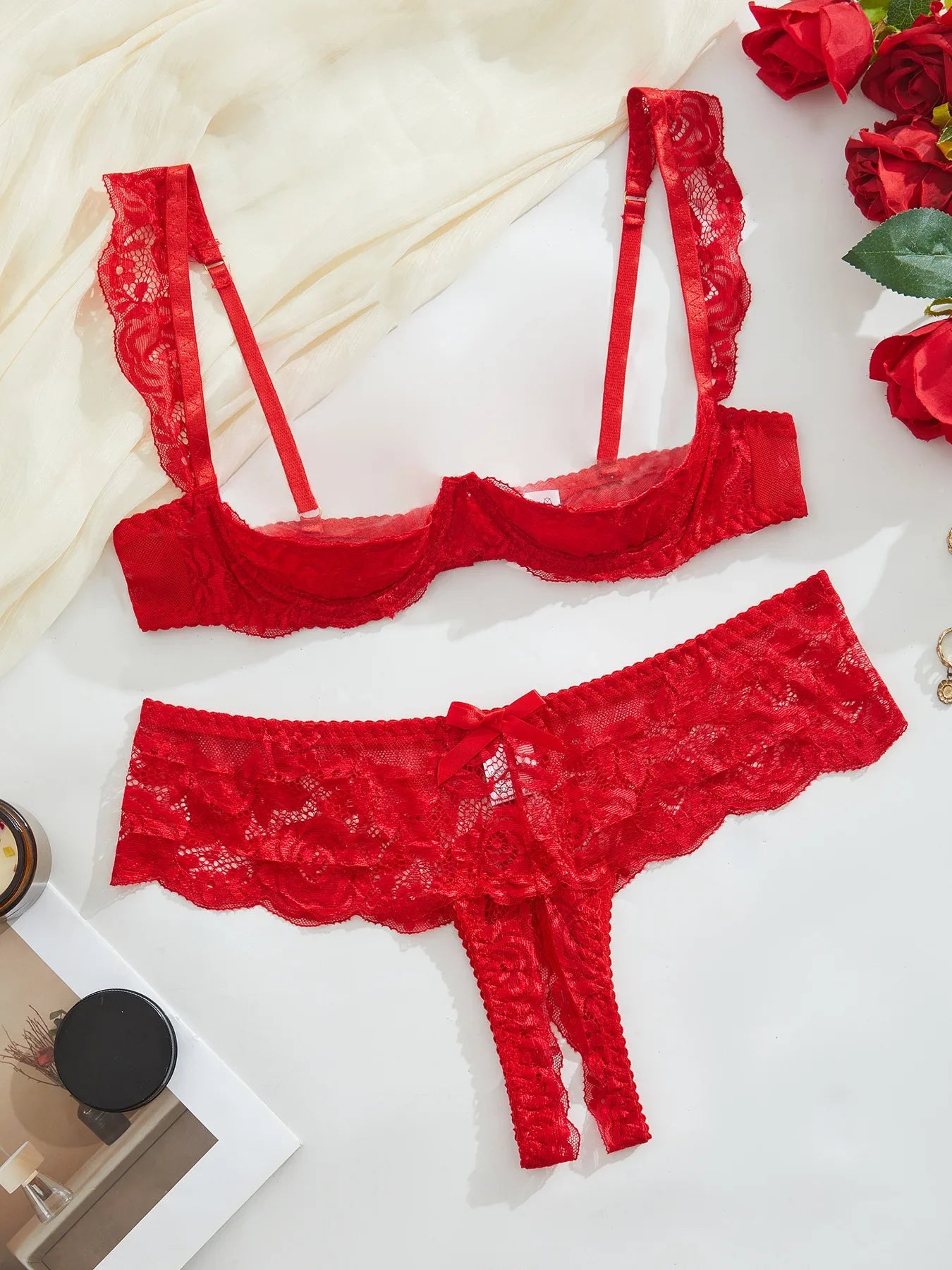 Toucheart Mesh Floral Lingerie Panty Steelring Lace Slim Plunge Embroidery Bow Knot Laceup Charming Private Set