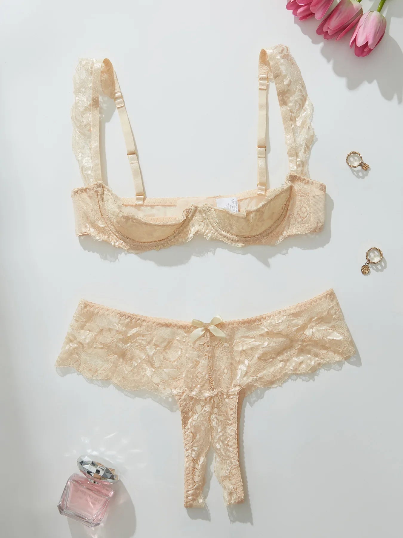 Toucheart Mesh Floral Lingerie Panty Steelring Lace Slim Plunge Embroidery Bow Knot Laceup Charming Private Set