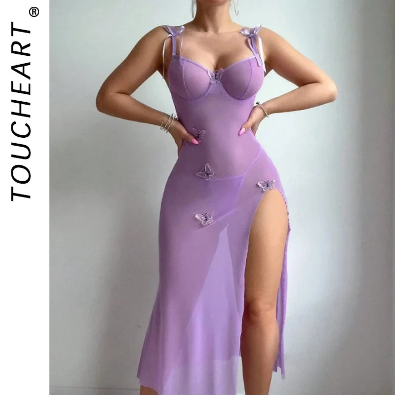 Toucheart Mesh See-Through Tempting Lace Backless High Slit Light Blue Bow Knot Lace Up Suspender Belt Dress Erotic Suit