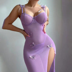 Toucheart Mesh See-Through Tempting Lace Backless High Slit Light Blue Bow Knot Lace Up Suspender Belt Dress Erotic Suit
