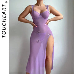 Toucheart Mesh See-Through Tempting Lace Backless High Slit Light Blue Bow Knot Lace Up Suspender Belt Dress Erotic Suit