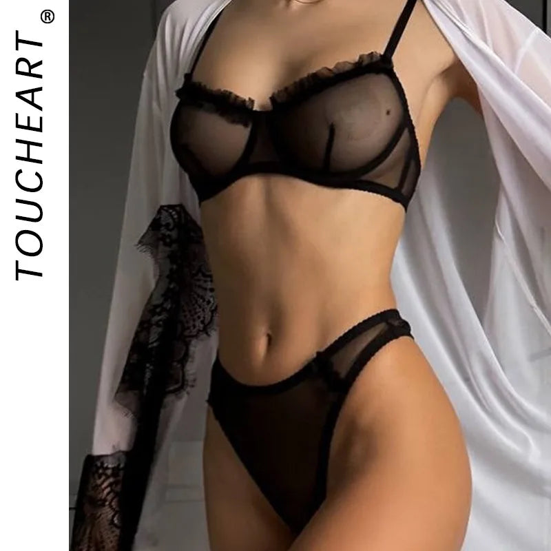 Toucheart Mesh Ruched Lingerie Panty 2PCS Slim Embroidery Lace Floral See-through Romantic Underwear Set