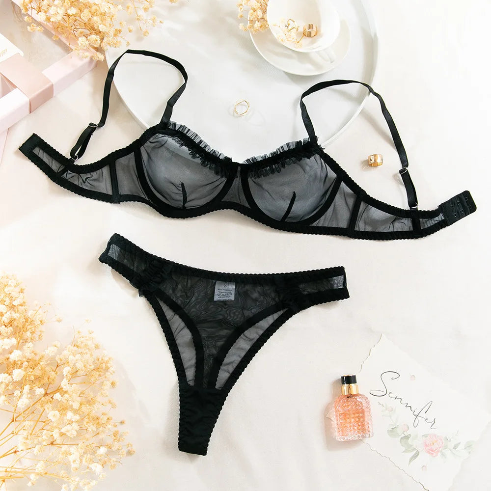 Toucheart Mesh Ruched Lingerie Panty 2PCS Slim Embroidery Lace Floral See-through Romantic Underwear Set