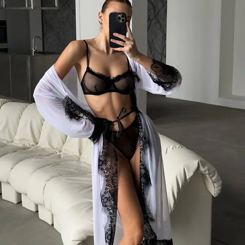 Toucheart Mesh Ruched Lingerie Panty 2PCS Slim Embroidery Lace Floral See-through Romantic Underwear Set