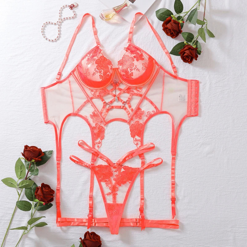 Toucheart Neon Ensemble Lingеrie Set Tulle Underwear Uncensored Fantasy Set Sheer Lace Garters Fancy Kit Underwear Suit