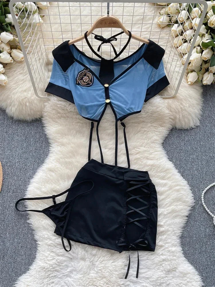 Toucheart Preppy Style Uniform Sets 2024 V Neck Sheer Top+Lace Up Mini Skirt+Thongs Cosplay Porn Suits