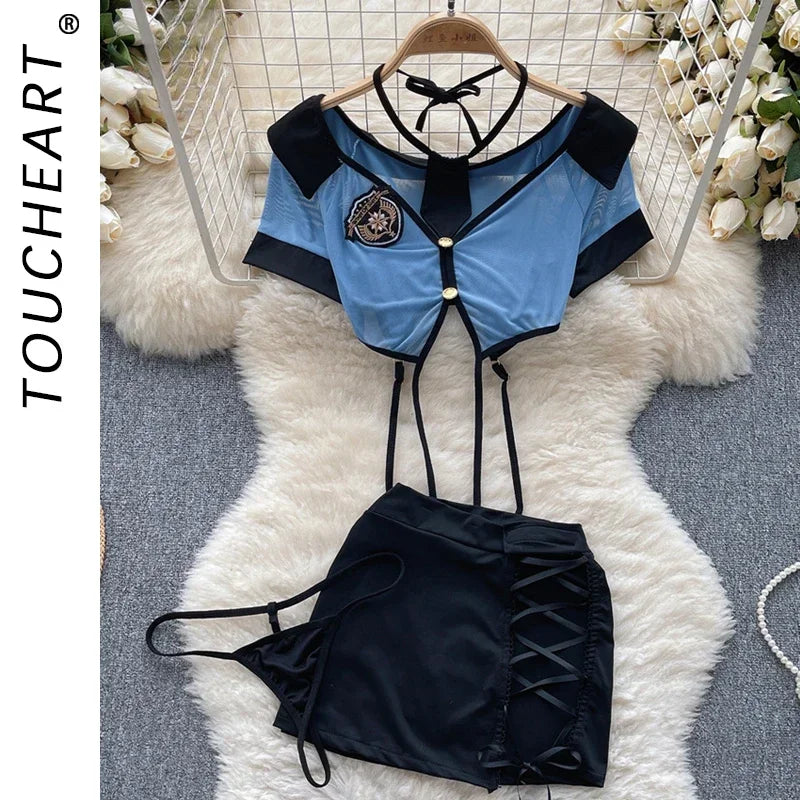 Toucheart Preppy Style Uniform Sets 2024 V Neck Sheer Top+Lace Up Mini Skirt+Thongs Cosplay Porn Suits