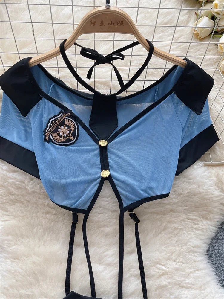 Toucheart Preppy Style Uniform Sets 2024 V Neck Sheer Top+Lace Up Mini Skirt+Thongs Cosplay Porn Suits
