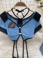 Toucheart Preppy Style Uniform Sets 2024 V Neck Sheer Top+Lace Up Mini Skirt+Thongs Cosplay Porn Suits