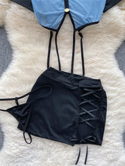 Toucheart Preppy Style Uniform Sets 2024 V Neck Sheer Top+Lace Up Mini Skirt+Thongs Cosplay Porn Suits