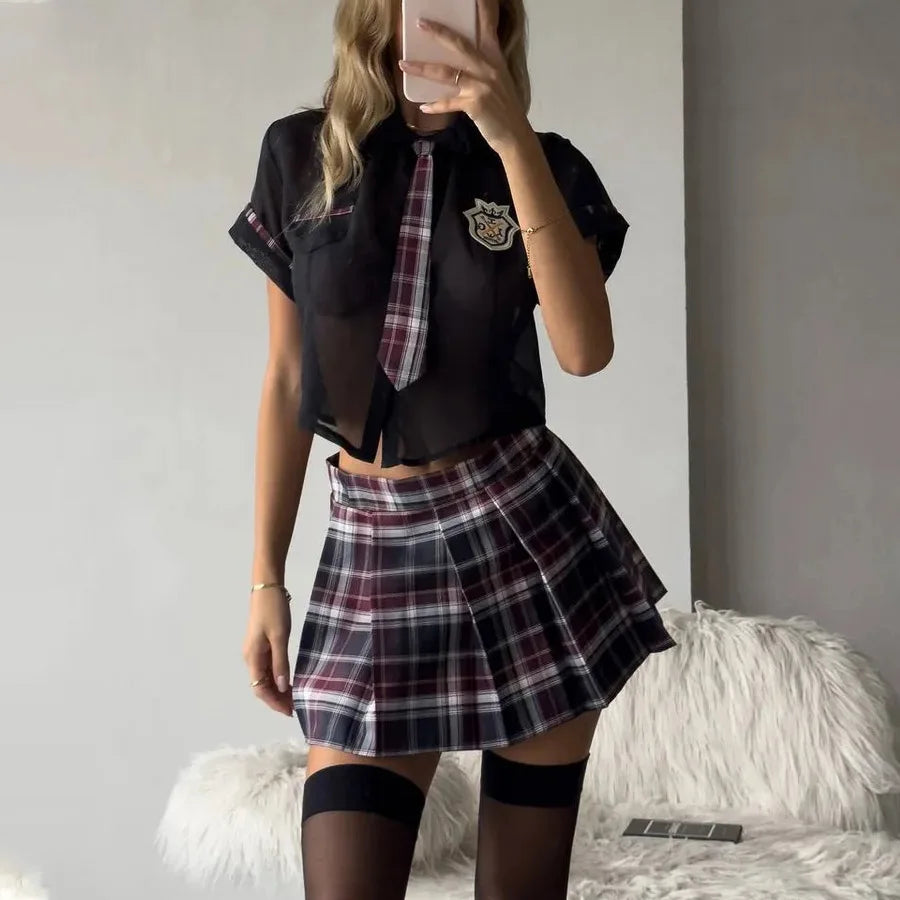 Toucheart Preppy Style Uniform Sets Uniform Suit Sheer Top+Lace Up Mini Skirt+Thongs Cosplay Porn Suits