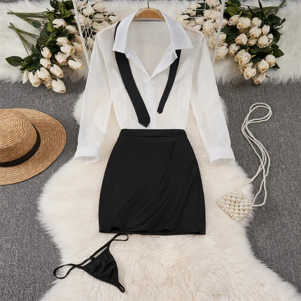 Toucheart Preppy Style Uniform Sets Uniform Suit Sheer Top+Lace Up Mini Skirt+Thongs Cosplay Porn Suits