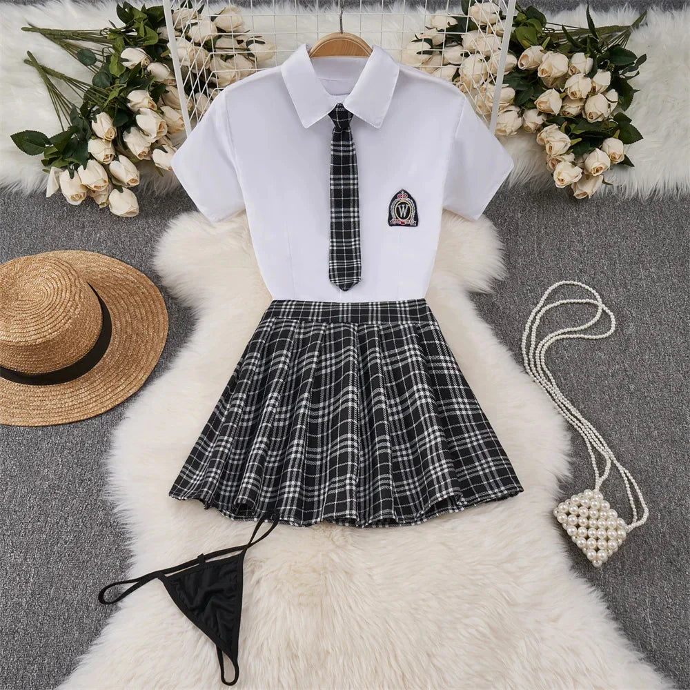 Toucheart Preppy Style Uniform Sets Uniform Suit Sheer Top+Lace Up Mini Skirt+Thongs Cosplay Porn Suits