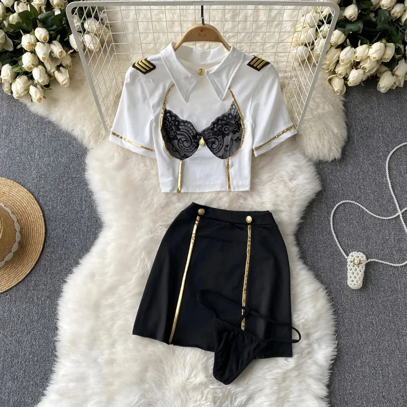 Toucheart Preppy Style Uniform Sets Uniform Suit Sheer Top+Lace Up Mini Skirt+Thongs Cosplay Porn Suits