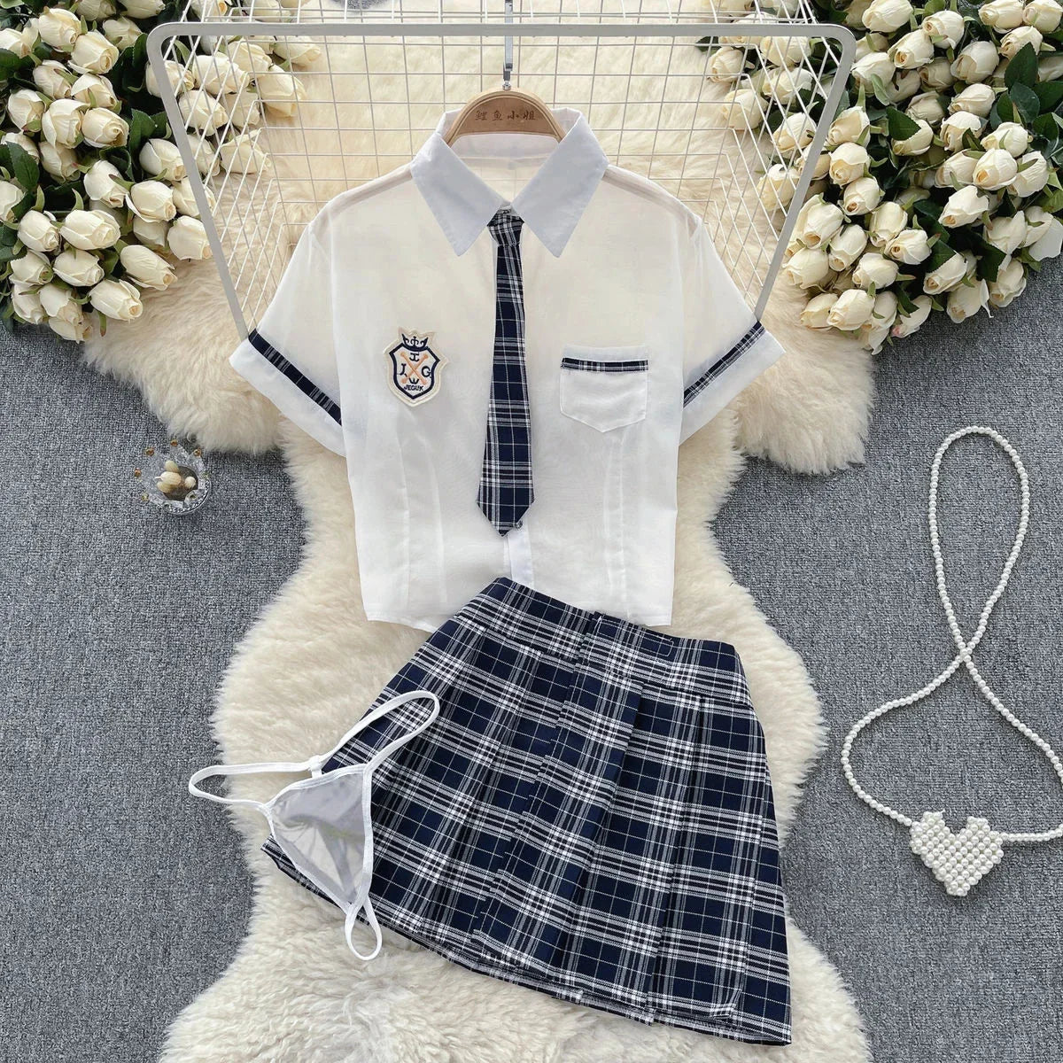Toucheart Preppy Style Uniform Sets Uniform Suit Sheer Top+Lace Up Mini Skirt+Thongs Cosplay Porn Suits