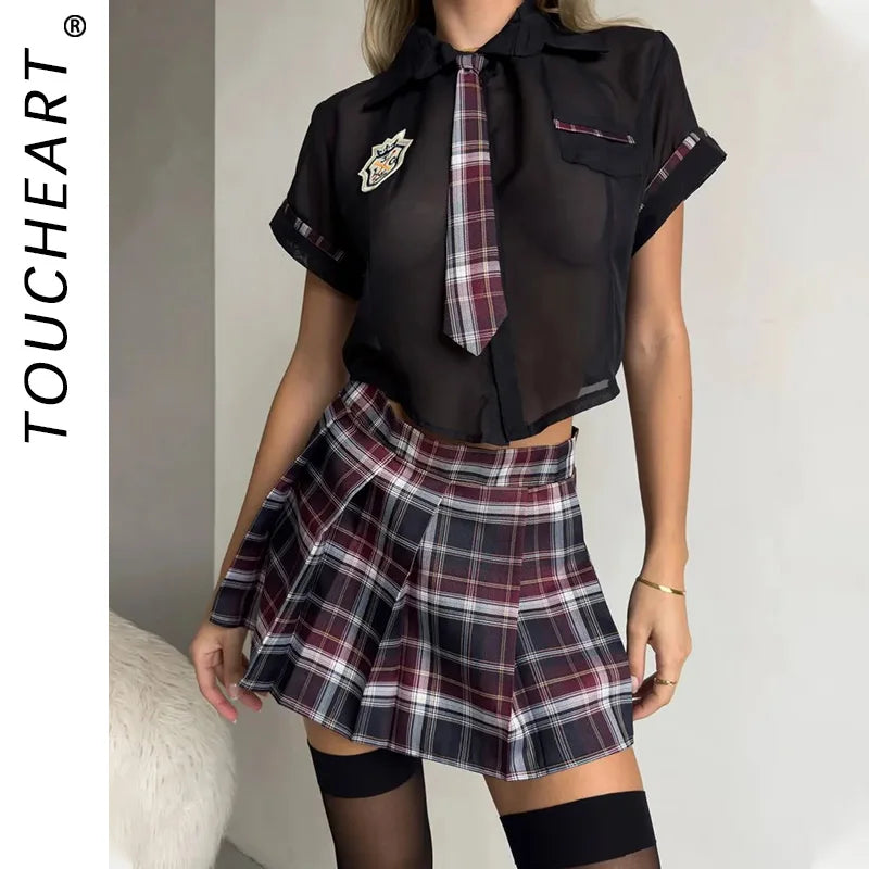 Toucheart Preppy Style Uniform Sets Uniform Suit Sheer Top+Lace Up Mini Skirt+Thongs Cosplay Porn Suits
