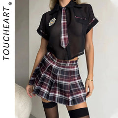 Toucheart Preppy Style Uniform Sets Uniform Suit Sheer Top+Lace Up Mini Skirt+Thongs Cosplay Porn Suits