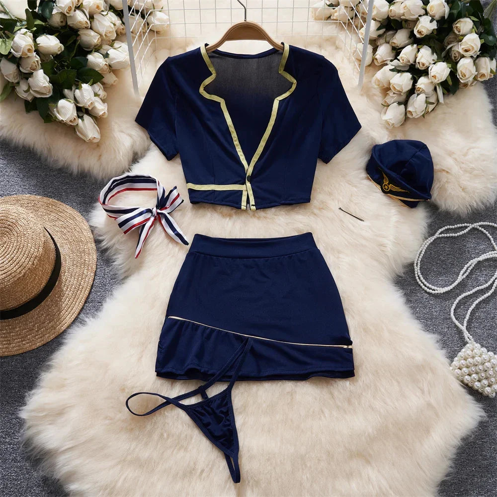 Toucheart Preppy Style Uniform Sets Uniform Suit Sheer Top+Lace Up Mini Skirt+Thongs Cosplay Porn Suits