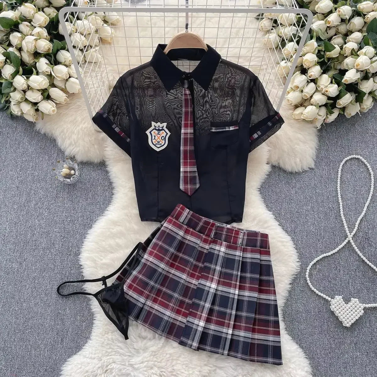 Toucheart Preppy Style Uniform Sets Uniform Suit Sheer Top+Lace Up Mini Skirt+Thongs Cosplay Porn Suits