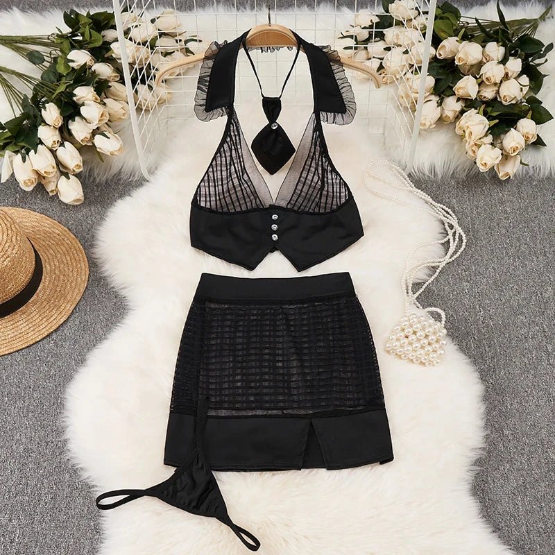 Toucheart Preppy Style Uniform Sets Uniform Suit Sheer Top+Lace Up Mini Skirt+Thongs Cosplay Porn Suits
