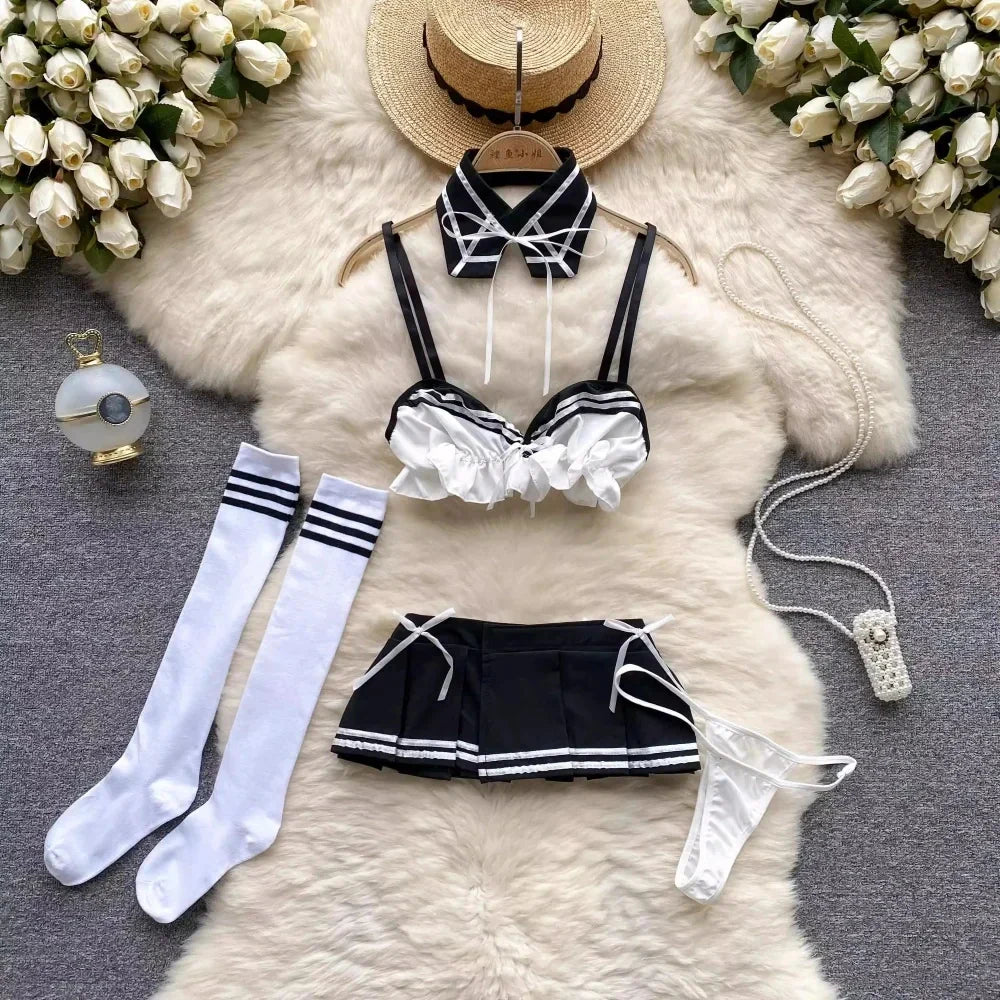 Toucheart Preppy Style Uniform Sets Uniform Suit Sheer Top+Lace Up Mini Skirt+Thongs Cosplay Porn Suits