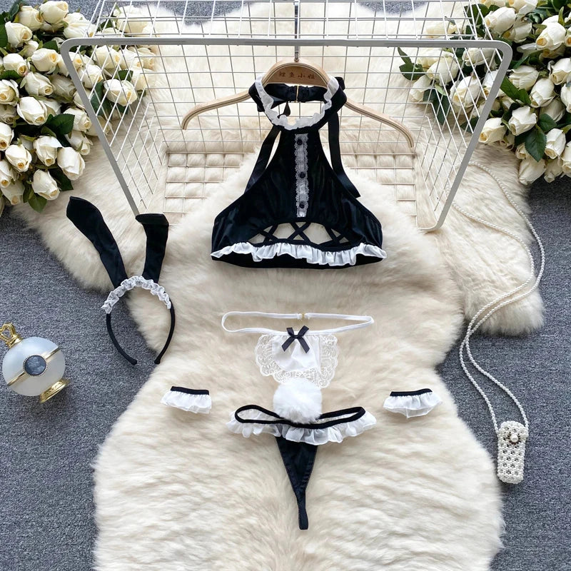 Toucheart Preppy Style Uniform Sets Uniform Suit Sheer Top+Lace Up Mini Skirt+Thongs Cosplay Porn Suits