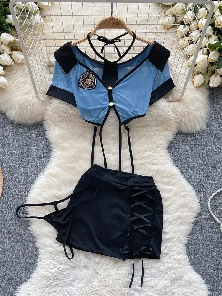 Toucheart Preppy Style Uniform Sets Uniform Suit Sheer Top+Lace Up Mini Skirt+Thongs Cosplay Porn Suits