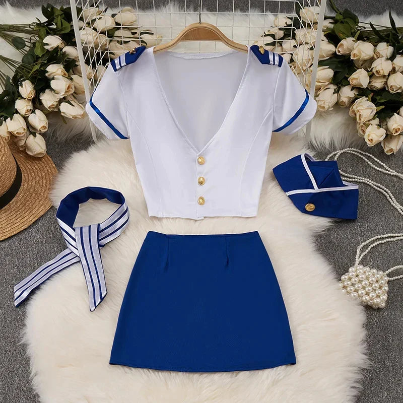 Toucheart Preppy Style Uniform Sets Uniform Suit Sheer Top+Lace Up Mini Skirt+Thongs Cosplay Porn Suits