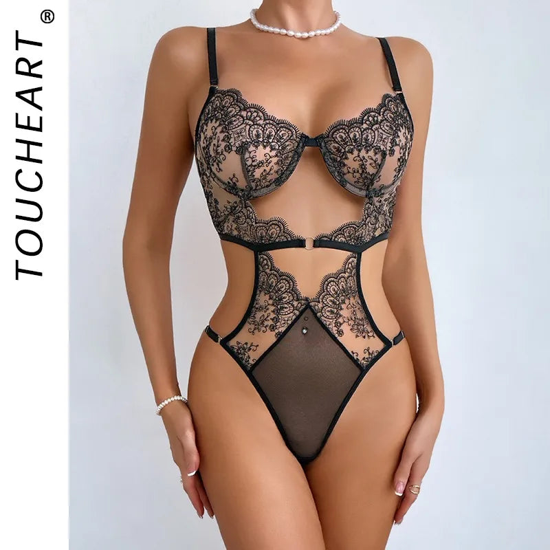 Toucheart Printing Embroidery Lace See-through Underwear Backless SlimHigh Waistedset