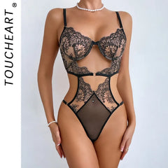Toucheart Printing Embroidery Lace See-through Underwear Backless SlimHigh Waistedset