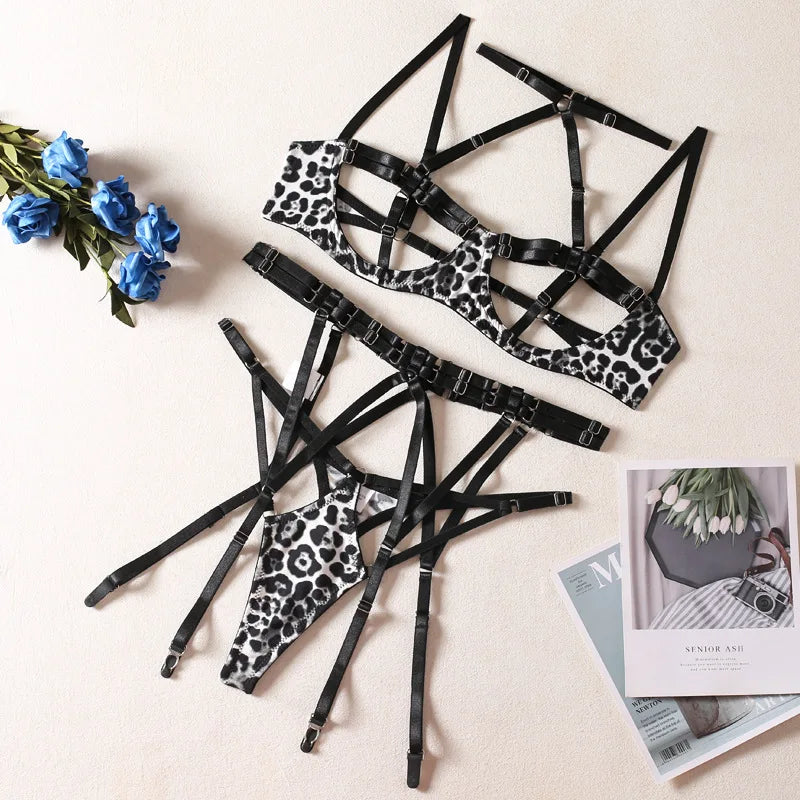 Toucheart Lingerie with Stockings Cross Leopard Print Straps Erotic Private Underwear